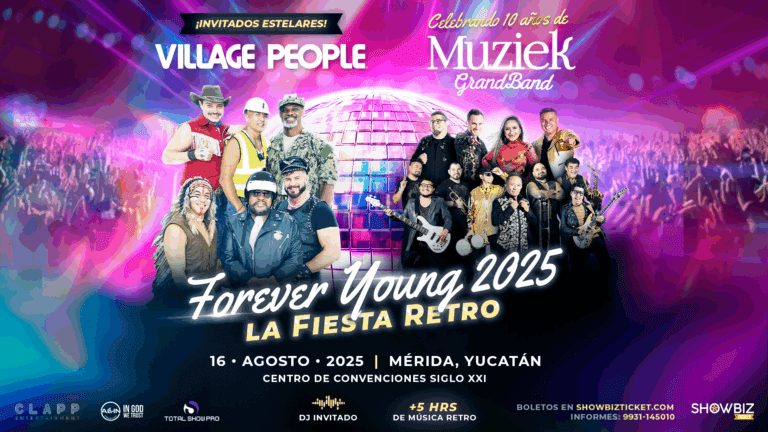 Promotional poster for Forever Young 2025 concert in Mérida featuring MUZIEK GRAN BAND and special guests Village People, happening on August 16 at Centro de Convenciones Siglo XXI.