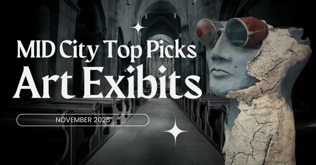 Poster for Mérida art exhibitions November 2025 showing a sculpture with sunglasses inside a cathedral background.