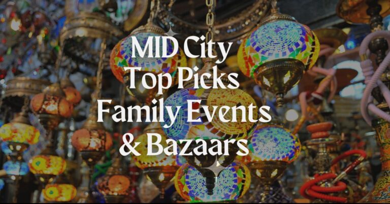 Colorful bazaar lanterns hanging together for the MID City Family Events & Bazaars article