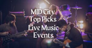 Band performing live on stage with guitars, drums, and a singer during a music event